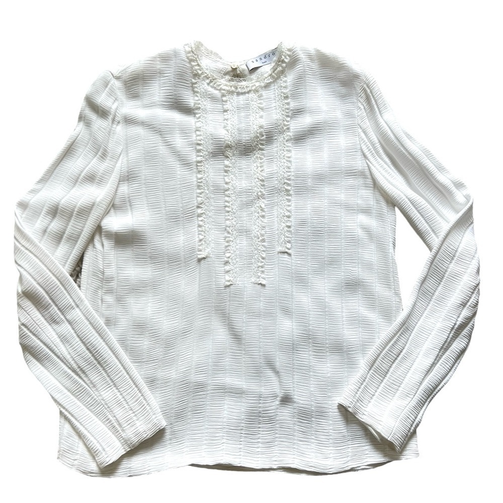 Sandro white viscose textured tuxedo style long sleeve women’s top size 2